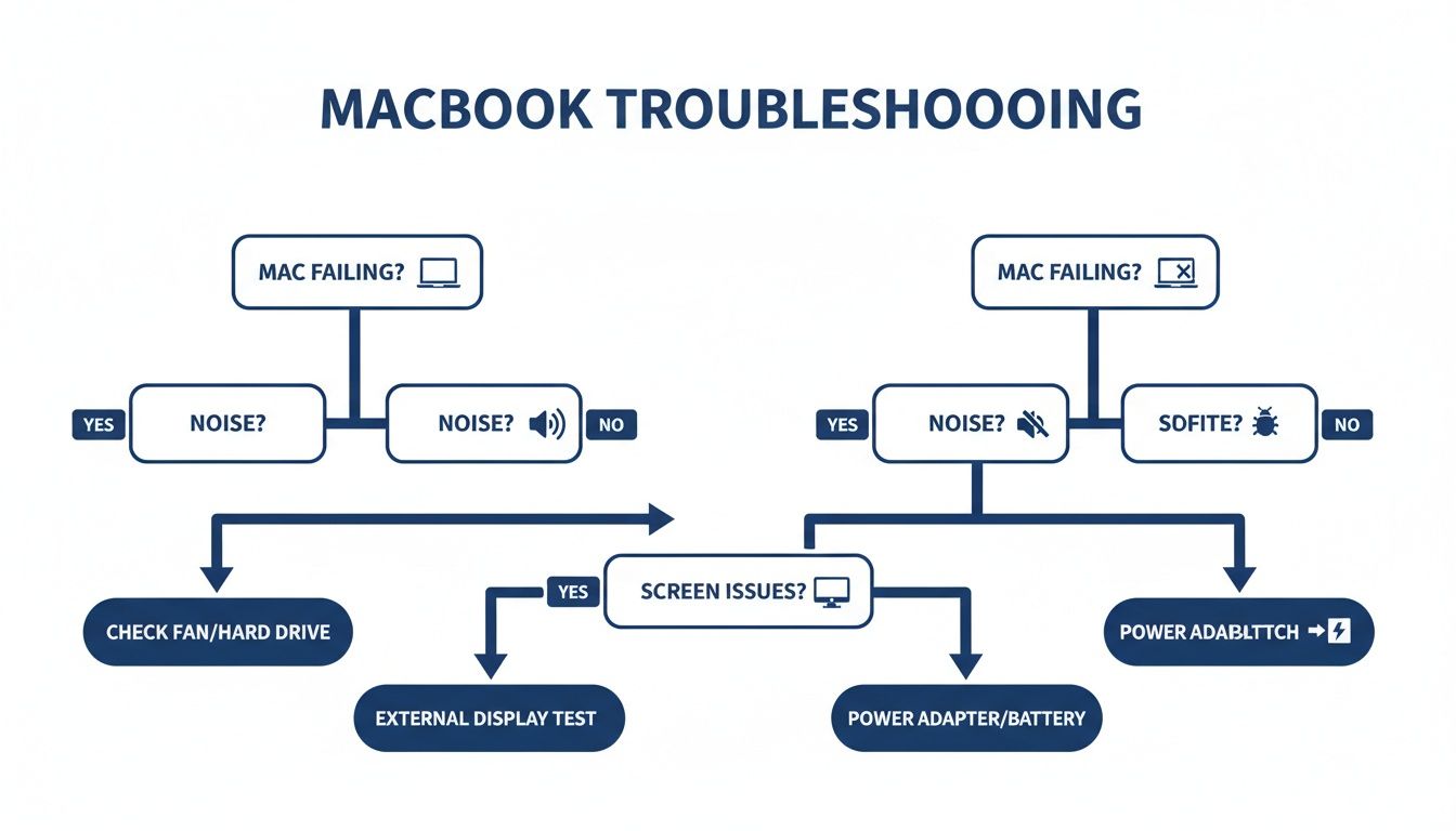 A flowchart detailing MacBook troubleshooting steps for various issues including noise, display, and power problems.