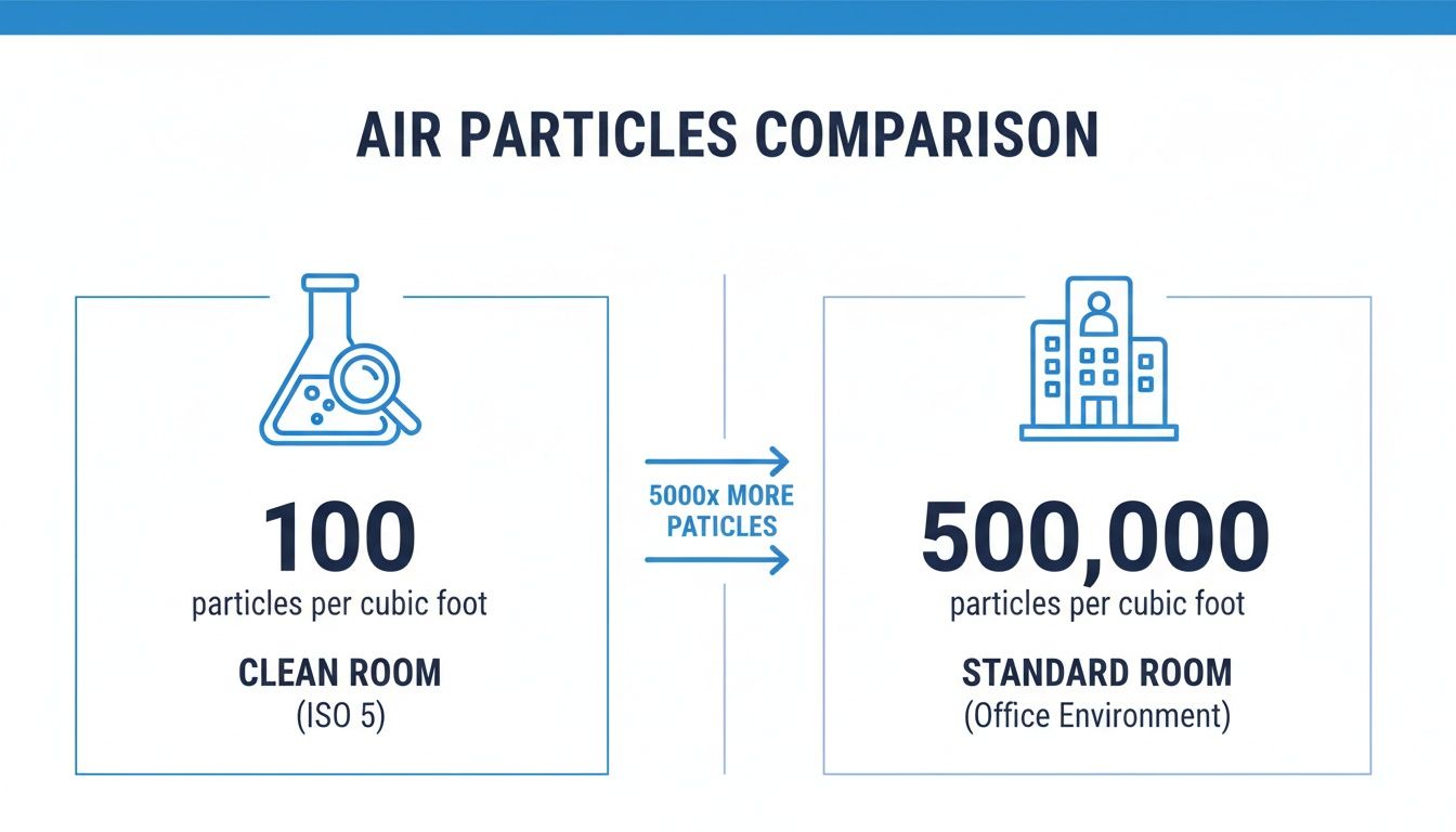 Infographic comparing air particles: Clean Room (ISO 5) has 100, Standard Room has 500,000.