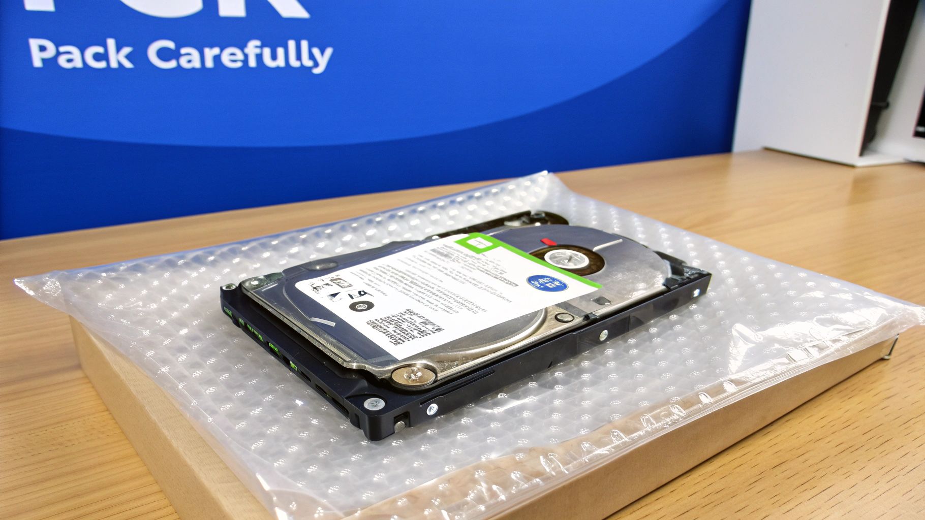 A hard drive, partially wrapped in bubble wrap, sits on a cardboard box for shipping.