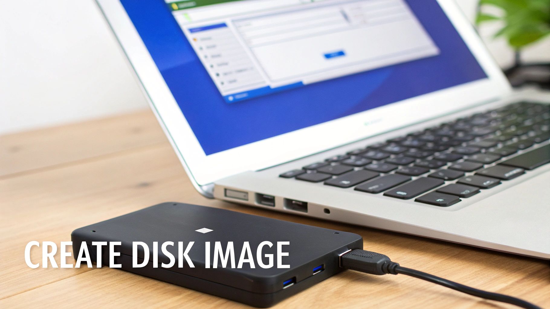 An external hard drive connected to a laptop displaying software for creating a disk image.