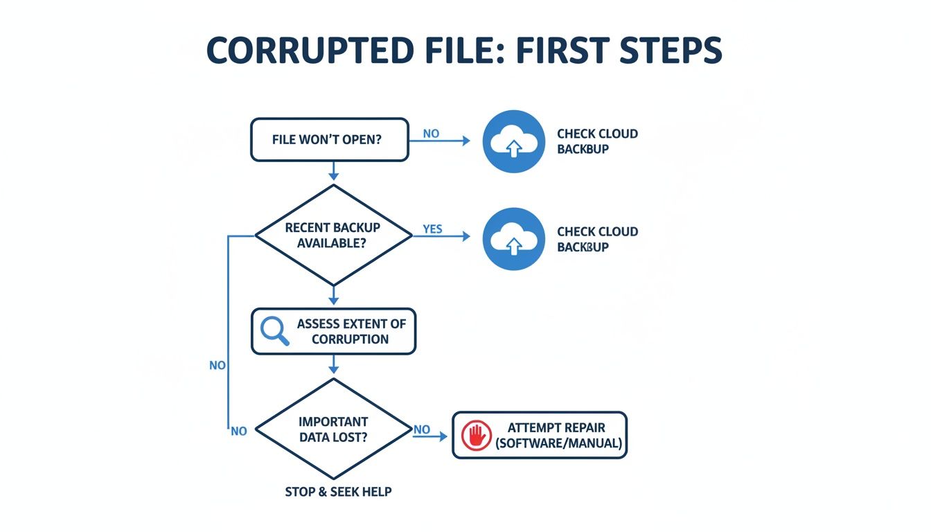 A flowchart titled 'Corrupted File: First Steps' illustrating actions like checking backups and attempting repair.