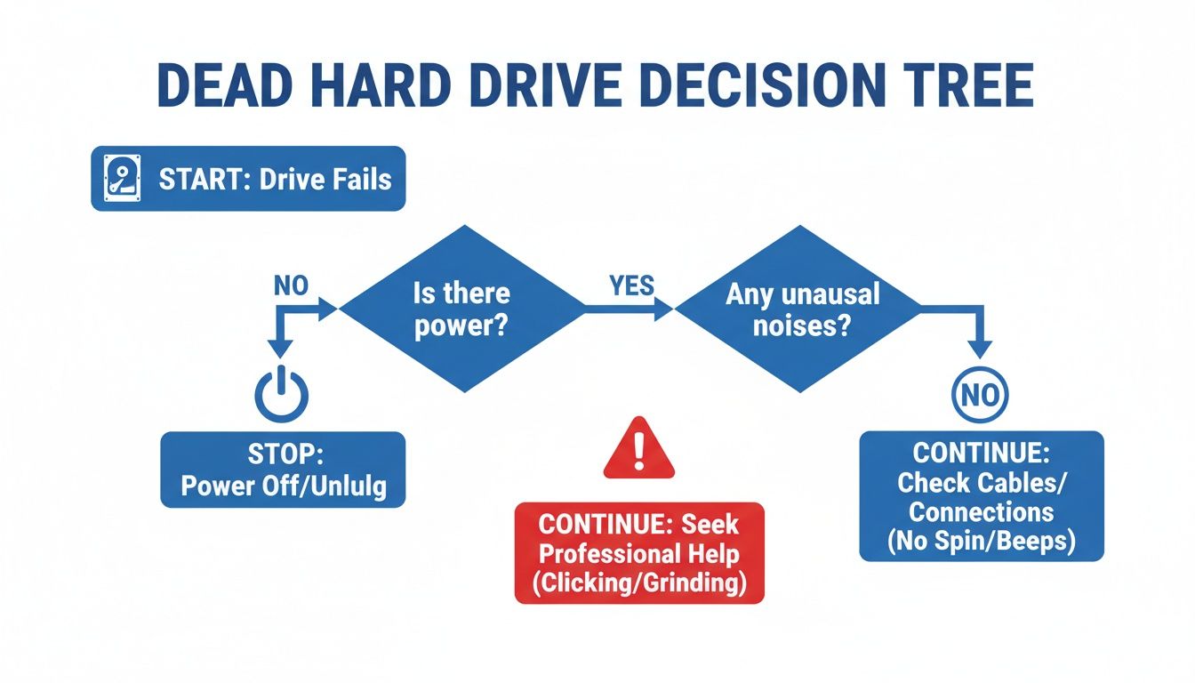 A flowchart decision tree for troubleshooting a dead hard drive, guiding users through power and noise checks.