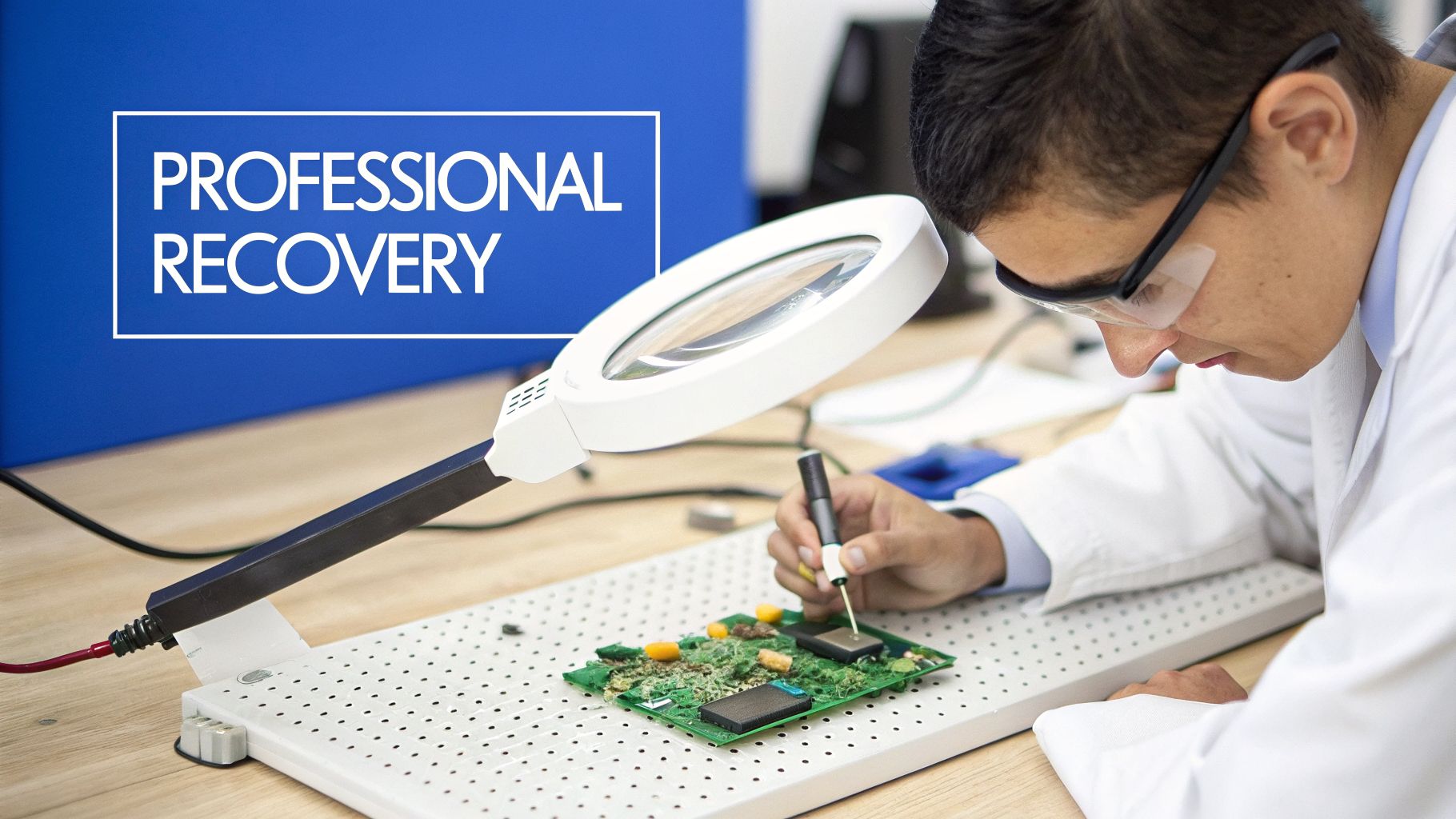 A technician in a lab coat and safety glasses meticulously repairs a circuit board under a magnifying lamp.