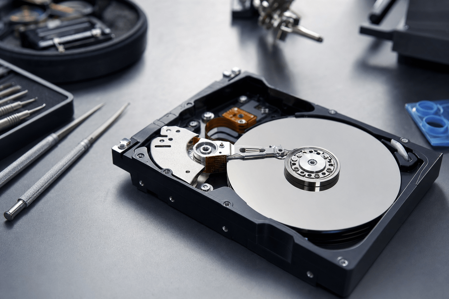 Open hard drive showing platters and read-write head assembly on professional workbench