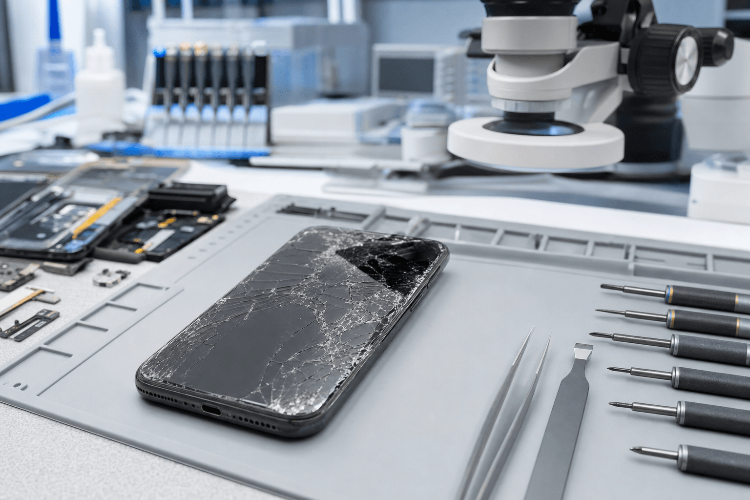 Cracked smartphone on professional data recovery lab workbench next to precision tools