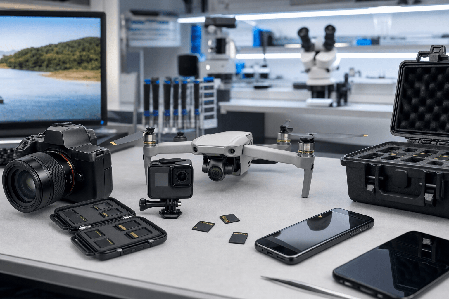 Various devices that use SD cards including cameras, drones, GoPro, and phones with formatted SD card recovery concept