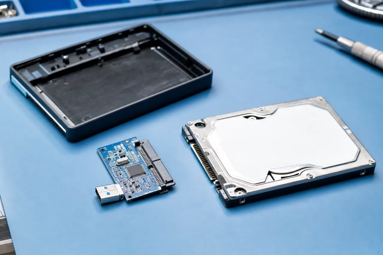 External drive enclosure opened at the bench with its USB bridge board and bare drive.