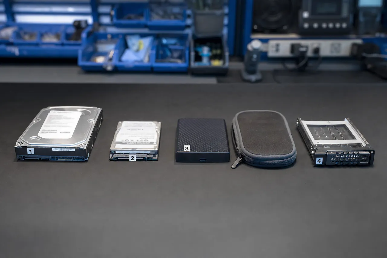 A row of hard drives - desktop, laptop, external and rugged - lined up for intake and diagnostics at MDRepairs