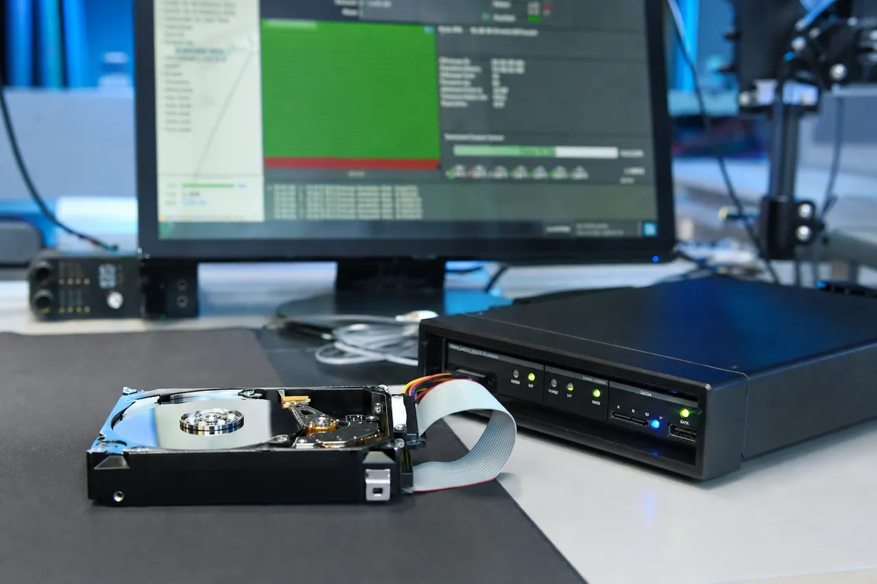 An opened hard drive connected to professional imaging hardware showing sector-level recovery in progress