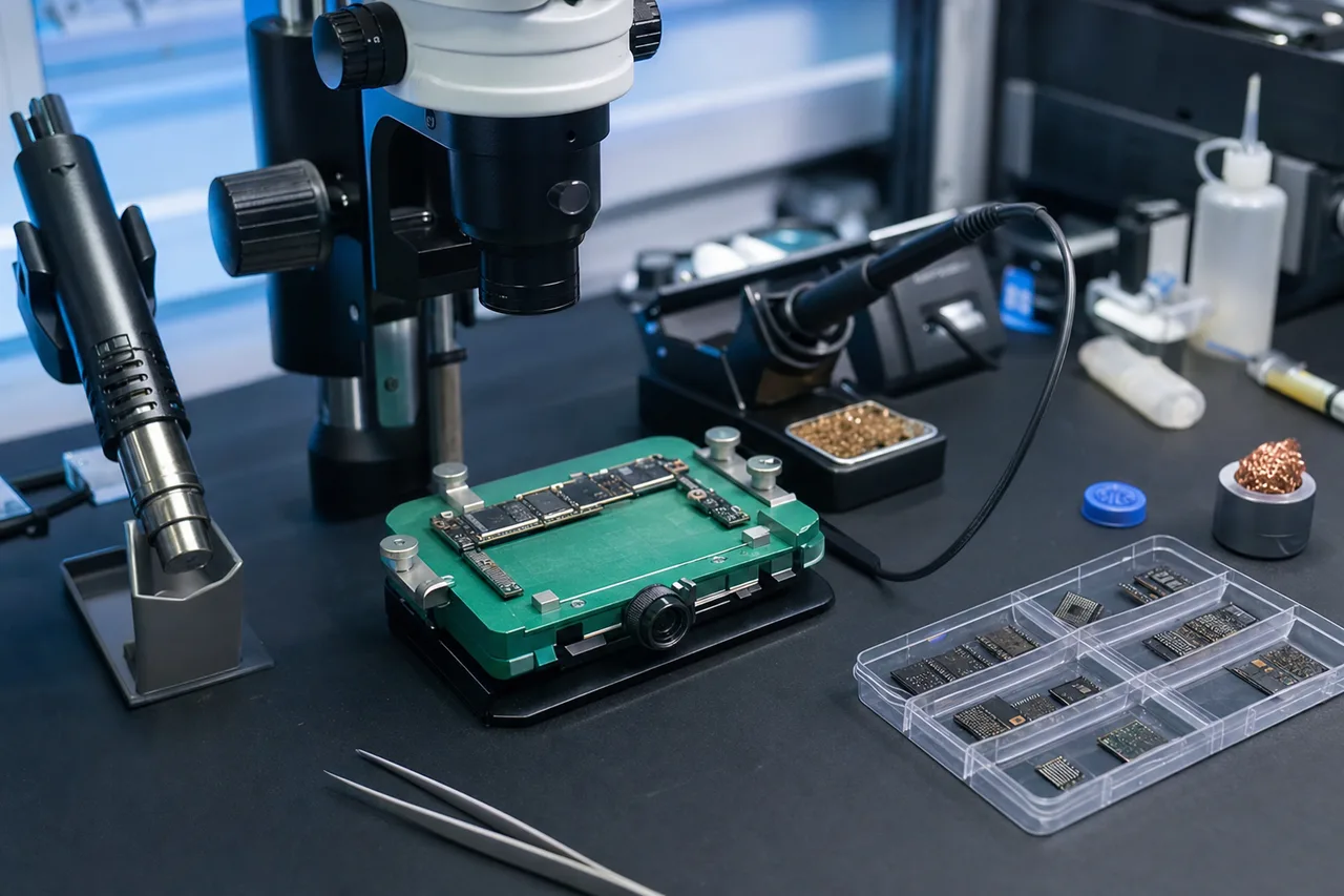 Dead Samsung Galaxy logic board on the microsoldering bench during board-level diagnostics