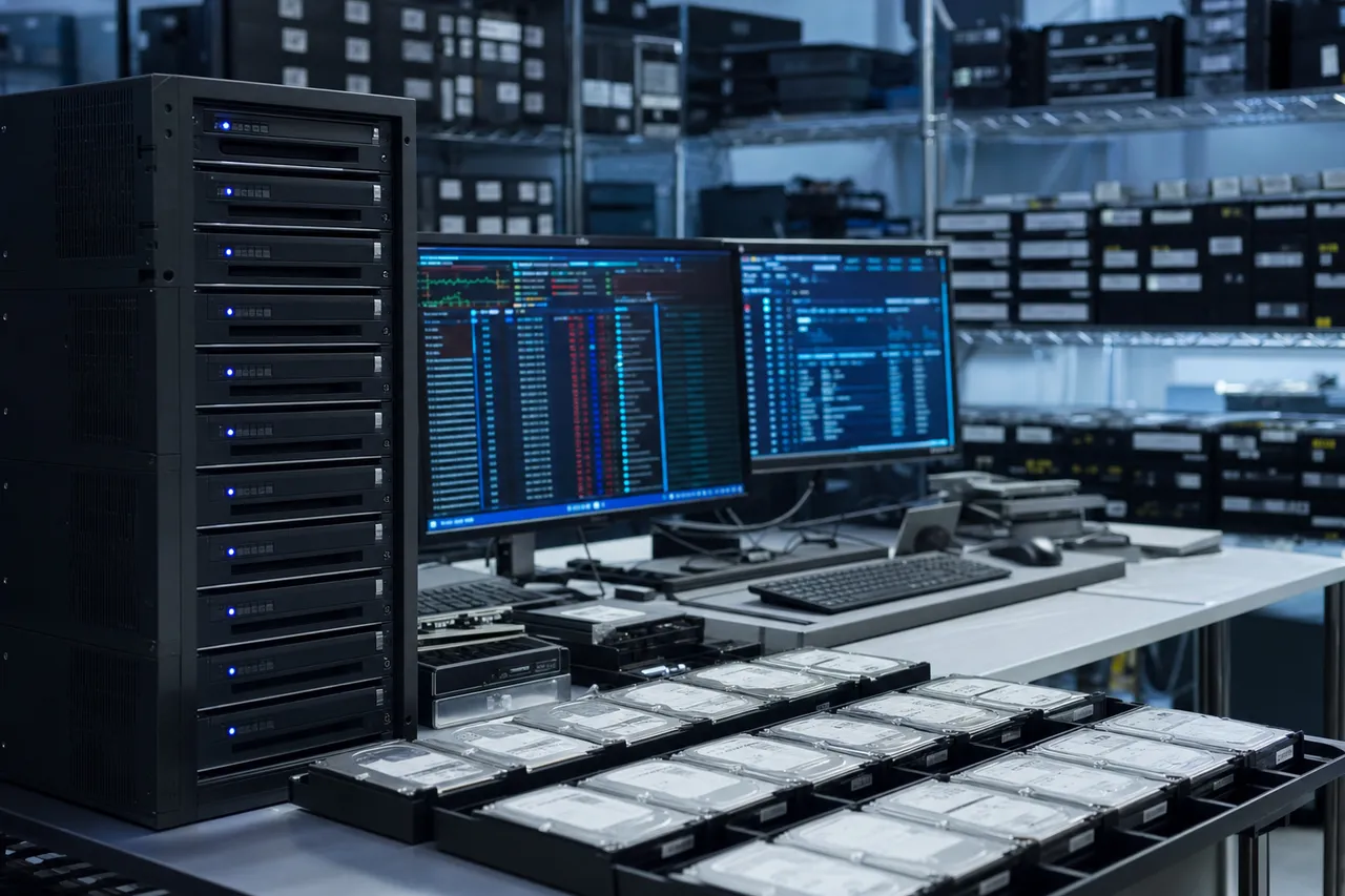 Shelves of donor hard drives and diagnostic monitors in the MDrepairs data recovery lab