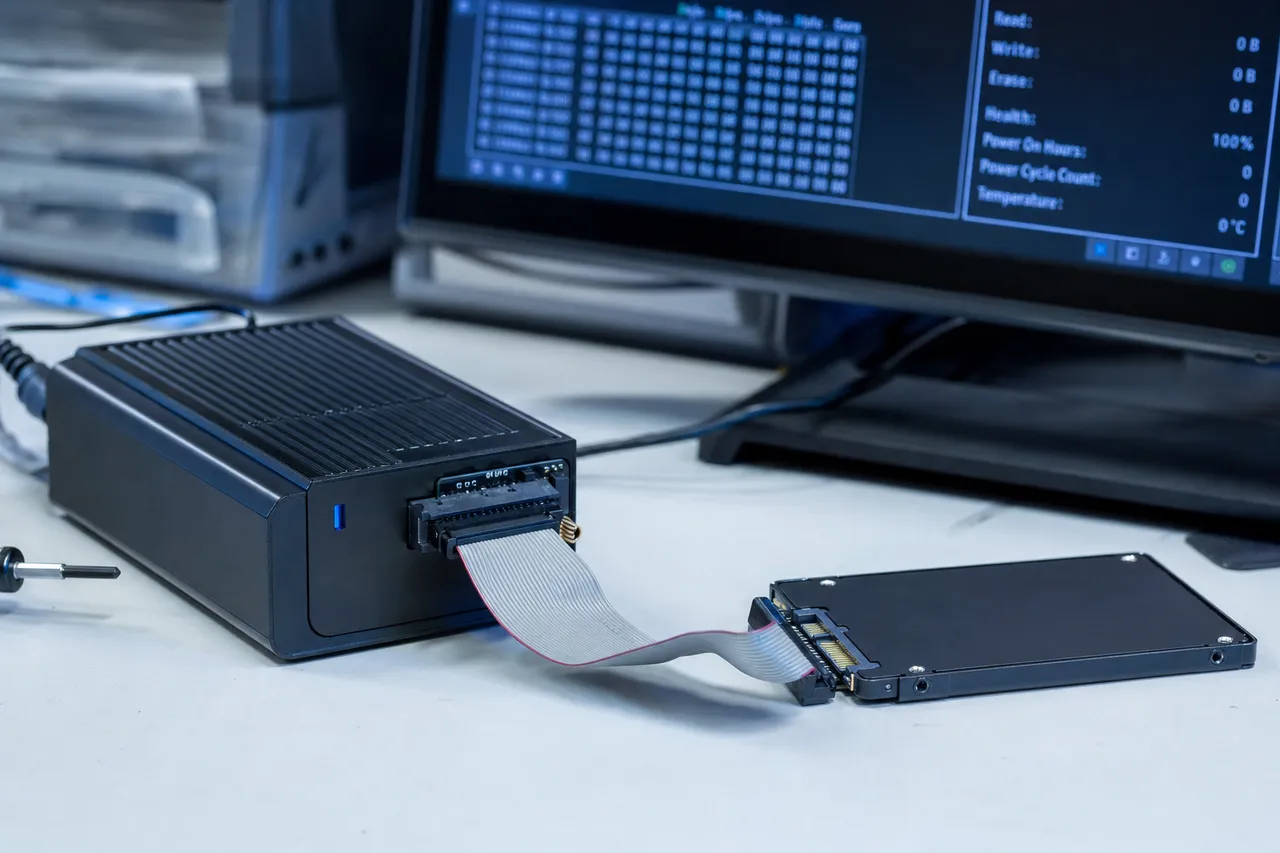 A solid state drive connected to a professional SSD firmware-recovery diagnostic device, with controller-level diagnostics on the monitor behind it