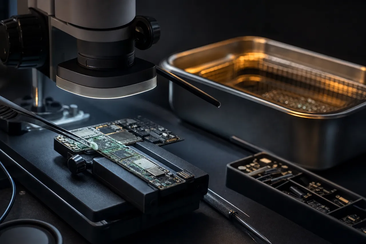 Water and liquid damage data recovery - corroded device board undergoing ultrasonic cleaning to halt corrosion