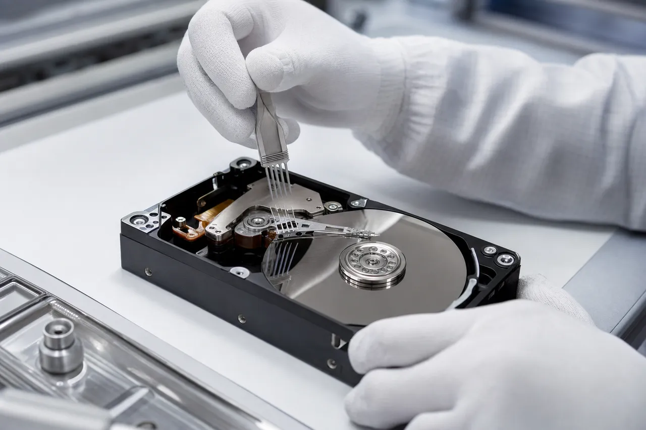 A technician in white cleanroom gloves lifting the read/write head stack assembly out of an opened 2.5-inch hard drive over the mirrored platter surface during a head swap
