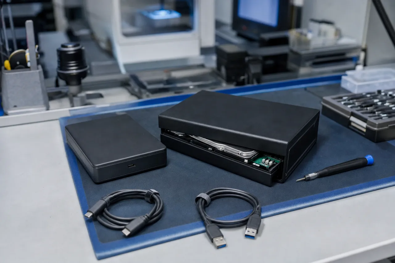 A WD My Passport-style portable external drive beside an opened external enclosure exposing the internal 2.5-inch hard drive and circuit board, with USB-A and USB-C cables and a technician screwdriver on a blue anti-static lab bench